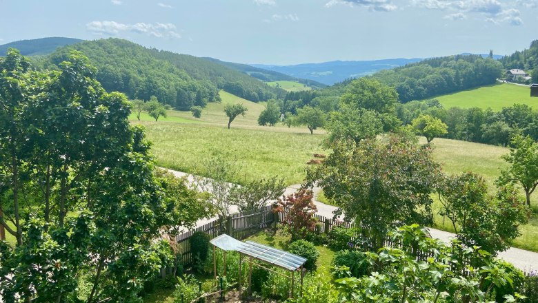 Apartments Riedl, © Wiener Alpen Landscape with green hills, trees and a small garden in the foreground.