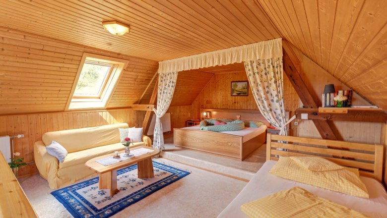Bedroom, © Wachahof Cozy bedroom with wooden walls, a bed, sofa and skylight.