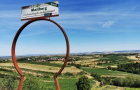 A look through the keyhole, © Weinstraße Weinviertel Landscape with vineyards and a sign with the inscription 'Mailberg Wein Road Weinviertel'.
