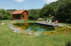 Gasthof Zur Hammerschmiede, © Gasthof Zur Hammerschmiede A wooden house with a red roof stands next to a pond with deckchairs on a footbridge, surrounded by green nature.