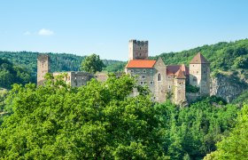 Hardegg Castle, © Retzer Land / Die Reisereporter A medieval castle on a wooded hill under a clear sky.