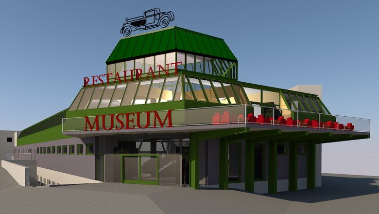 Classic car museum, © Kruczynski Building with green roof, inscription 'Restaurant' and 'Museum', vintage car symbol on the roof.