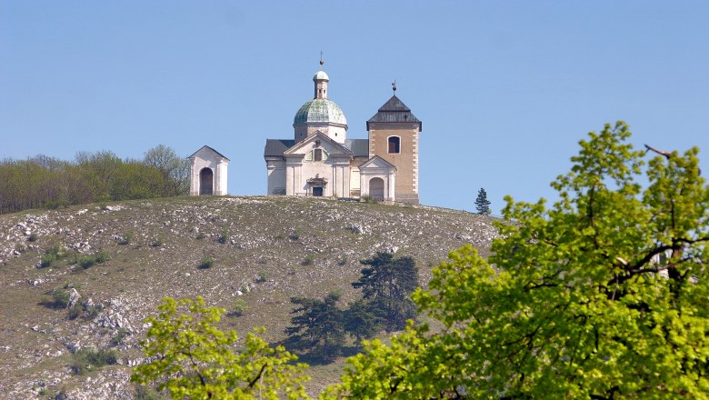 Holy mountain, © Turistické informacní centrum Mikulov Church on a hill with trees in the foreground.