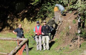 ArcheryWaldviertelDorfstetten, © Klammer Three men with bows in the forest, one man climbing up a ladder.