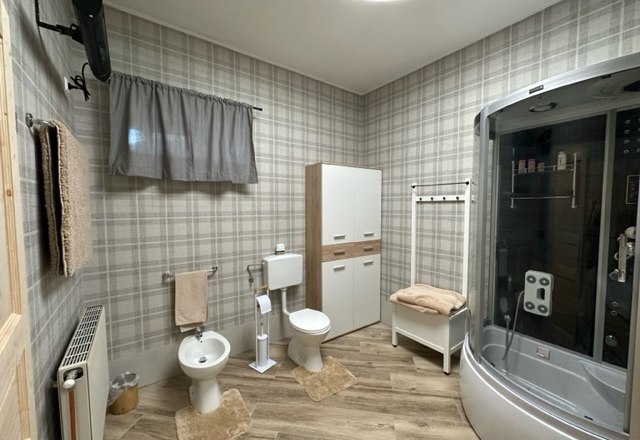 Deluxe room, © Schloss Gut Ziegersberg Modern bathroom with shower cubicle, bidet, toilet and cupboard on wooden floor.