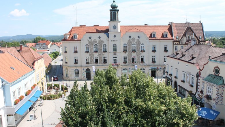 Historic town hall on a sunny main square with surrounding buildings and trees.