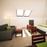 Bright apartment with skylights, sofa, bed, TV and dining table.