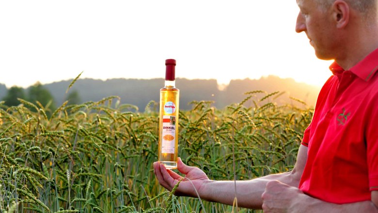 A man in a red shirt holds a bottle of spelt brandy in a cornfield at sunset.