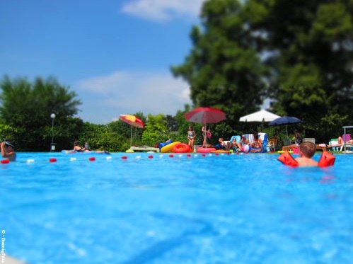 People relax in the Matzen forest pool with parasols and floating tires.