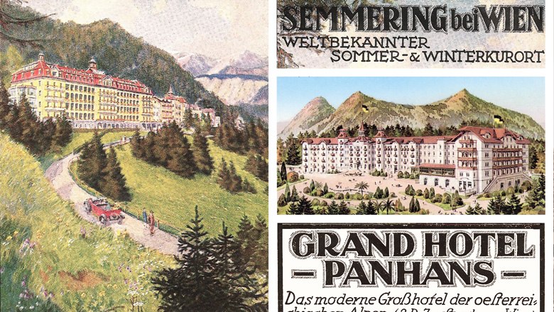 Historical postcard of the Grand Hotel Panhans am Semmering with mountain landscape and hotel view.