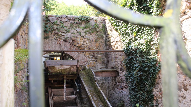 Detail of an old hammer mill with water wheel and ivy-covered stone walls.
