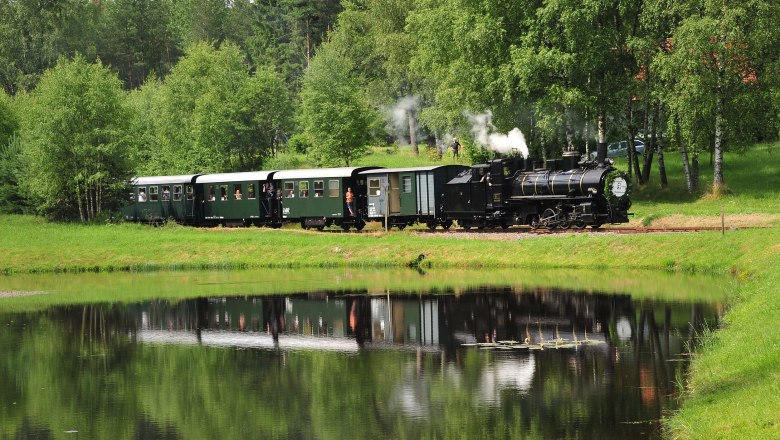 A historic steam locomotive pulls green wagons through a verdant landscape reflected in a tranquil pond.