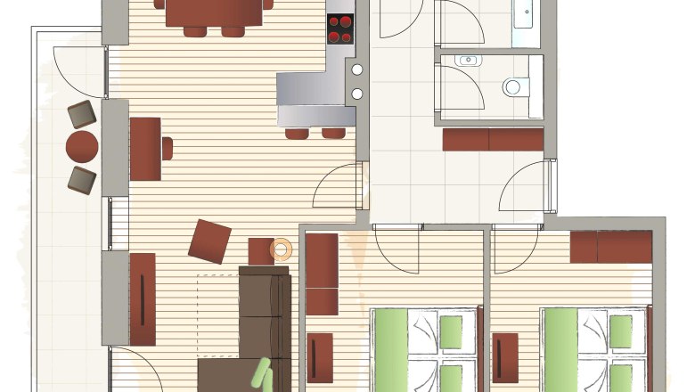 Floor plan of an apartment with two bedrooms, living room, kitchen and bathroom.