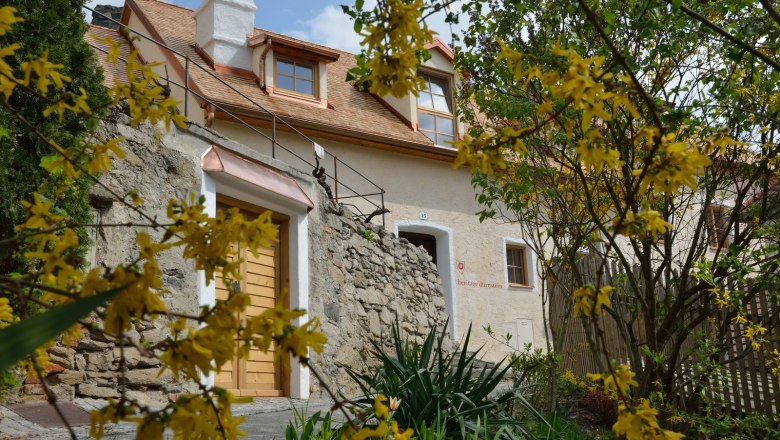Stone house with yellow flowers in the foreground in Dürnstein.