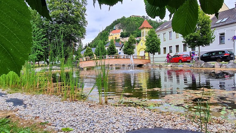 A pond with pebbles and reeds, a bridge and colorful buildings in the background.