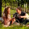 A couple is sitting on a picnic blanket in the vineyard, clinking glasses of wine.
