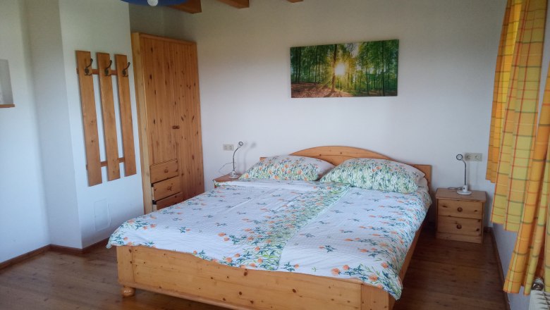 Bedroom with wooden bed, bedside tables, closet and mural of a forest.