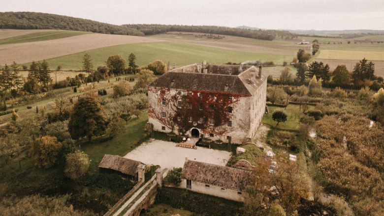 Aerial view of Haggenberg Castle surrounded by fields and trees.