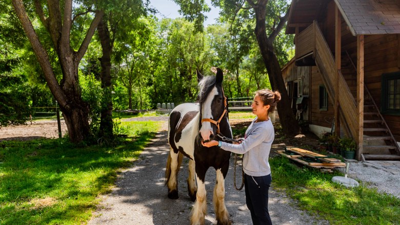 A woman stands next to a black and white horse in a courtyard with trees and a wooden building in the background.