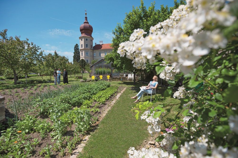 Blühende Marillenbäume und ein Gemüsegarten, im Hintergrund Stift Göttweig, drei Personen im Gespräch, daneben 3 gelbe Stühle, eine Dame sitzt im Vordergrund in der Sonne