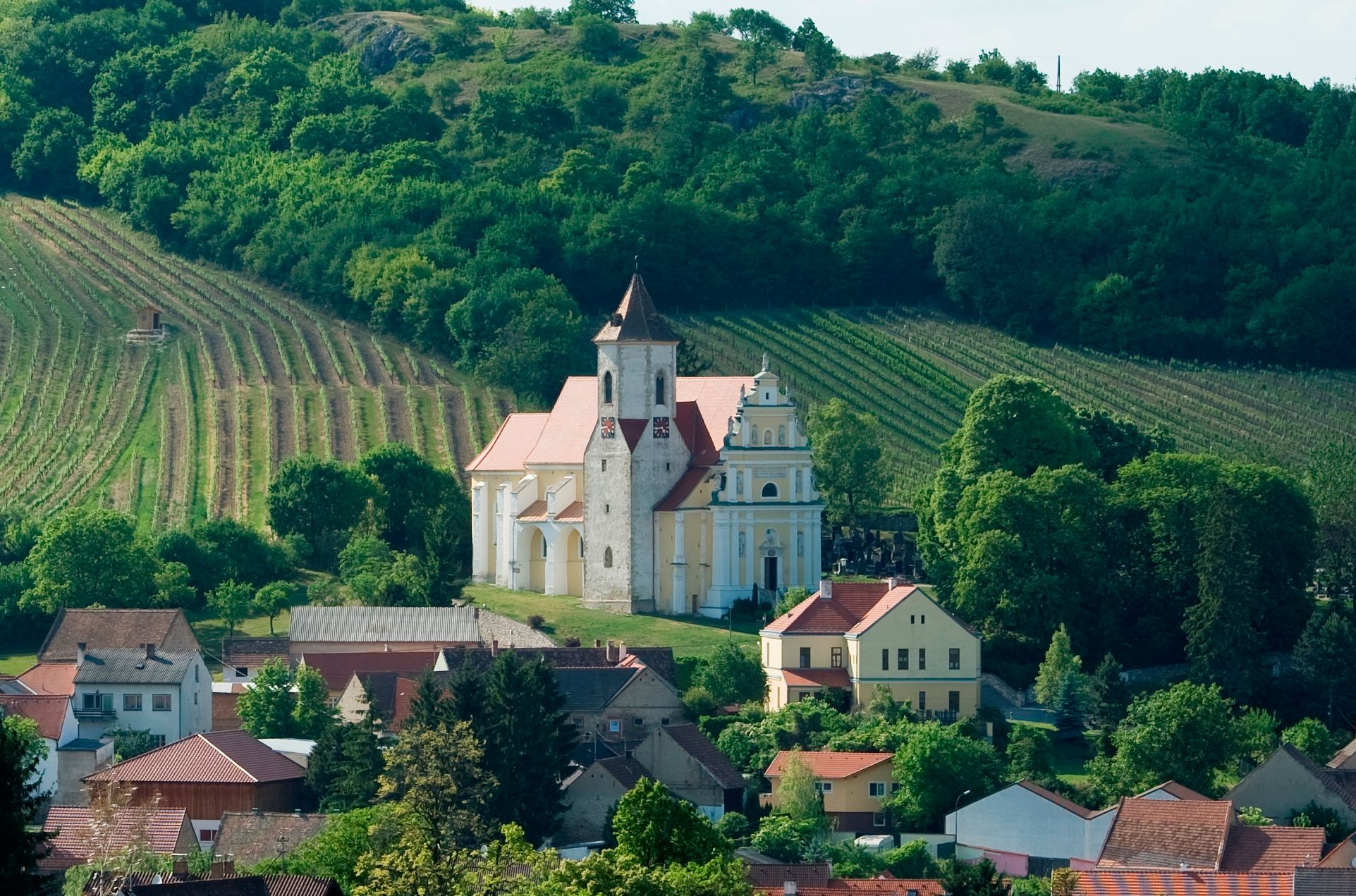 A church in the middle of vineyards and houses, surrounded by green hills.