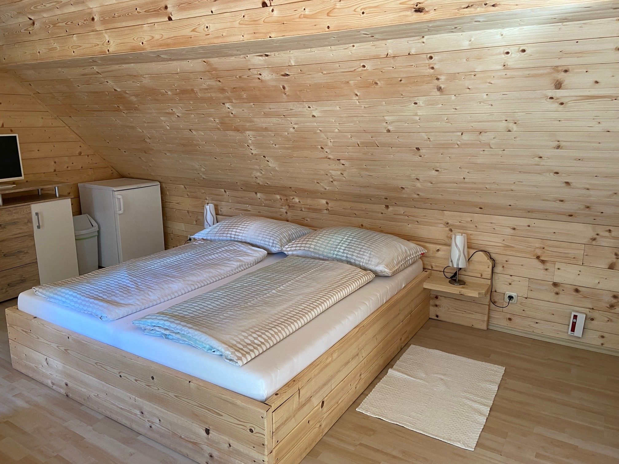 A cozy double room with wood paneling, a double bed, a small fridge and a TV on a chest of drawers.