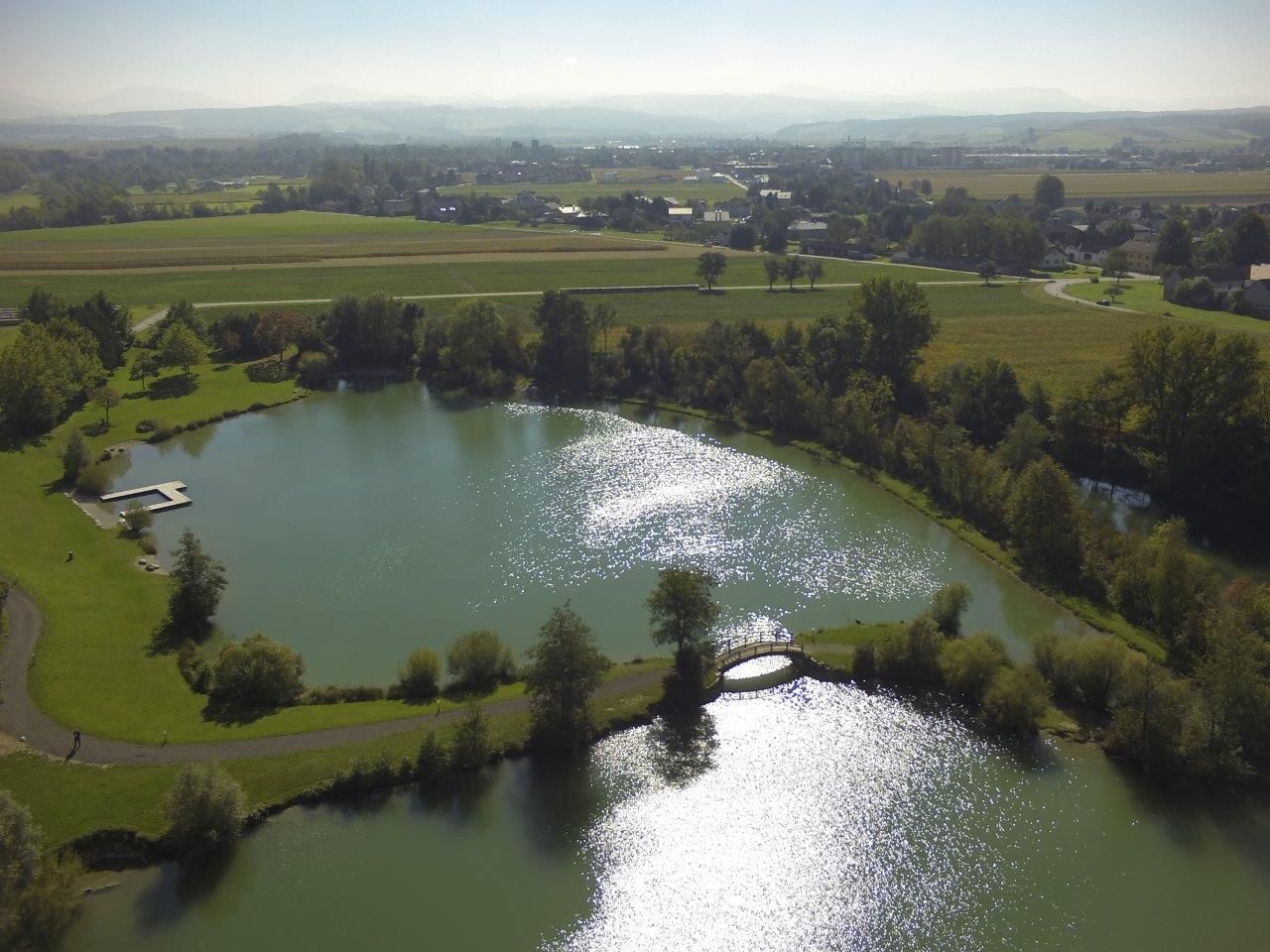 Aerial view of Lake Ebersdorf with surrounding landscape.