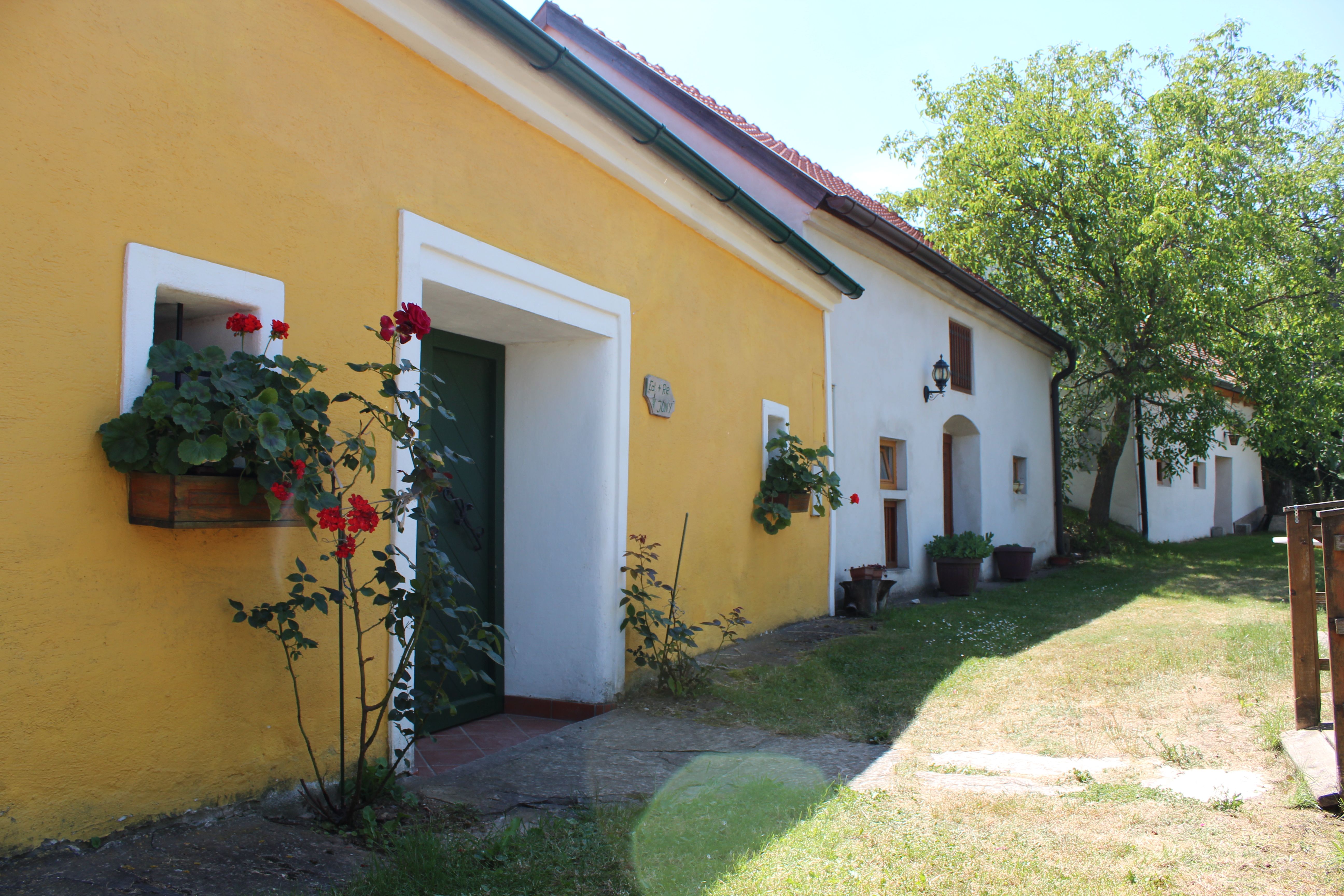 Yellow and white building in a wine cellar lane with flowers and trees.