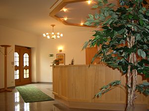 Reception area of an inn with wooden counter and plant.