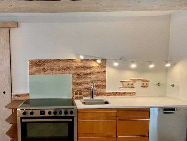 Modern kitchen with stove, sink and dishwasher in front of a mosaic tiled wall.