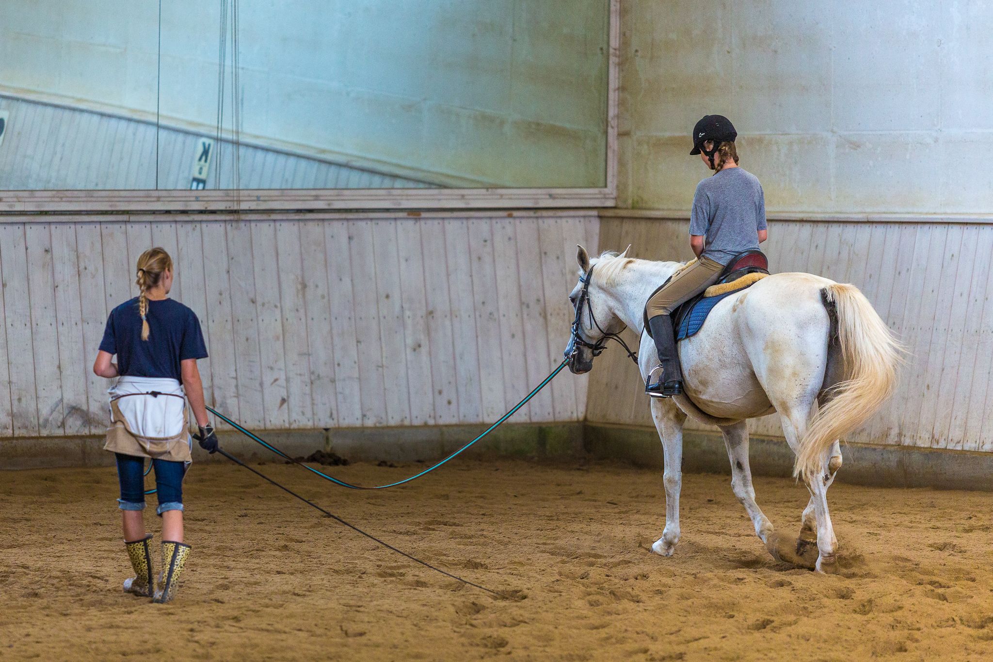 Riding lessons in an indoor arena with a white horse and two people.