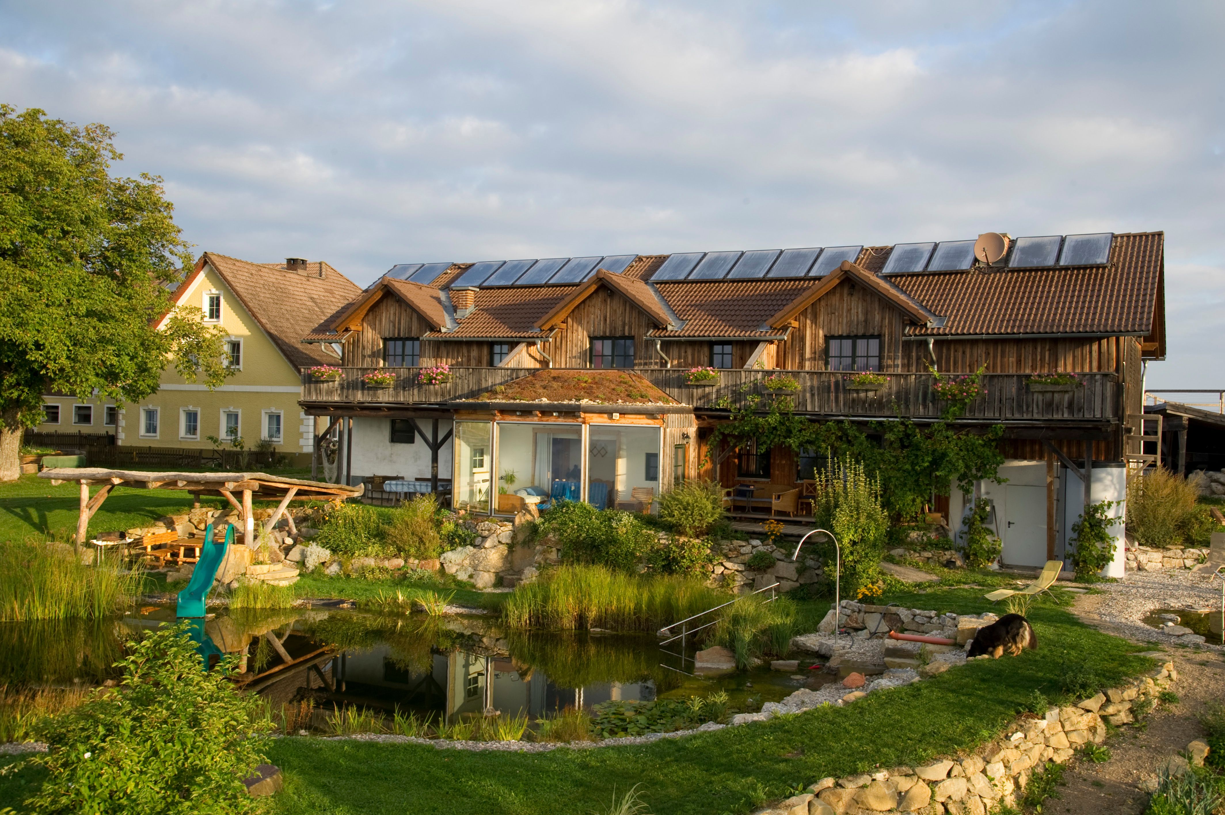 An organic farm with solar panels on the roof, a pond and a dog in the garden.