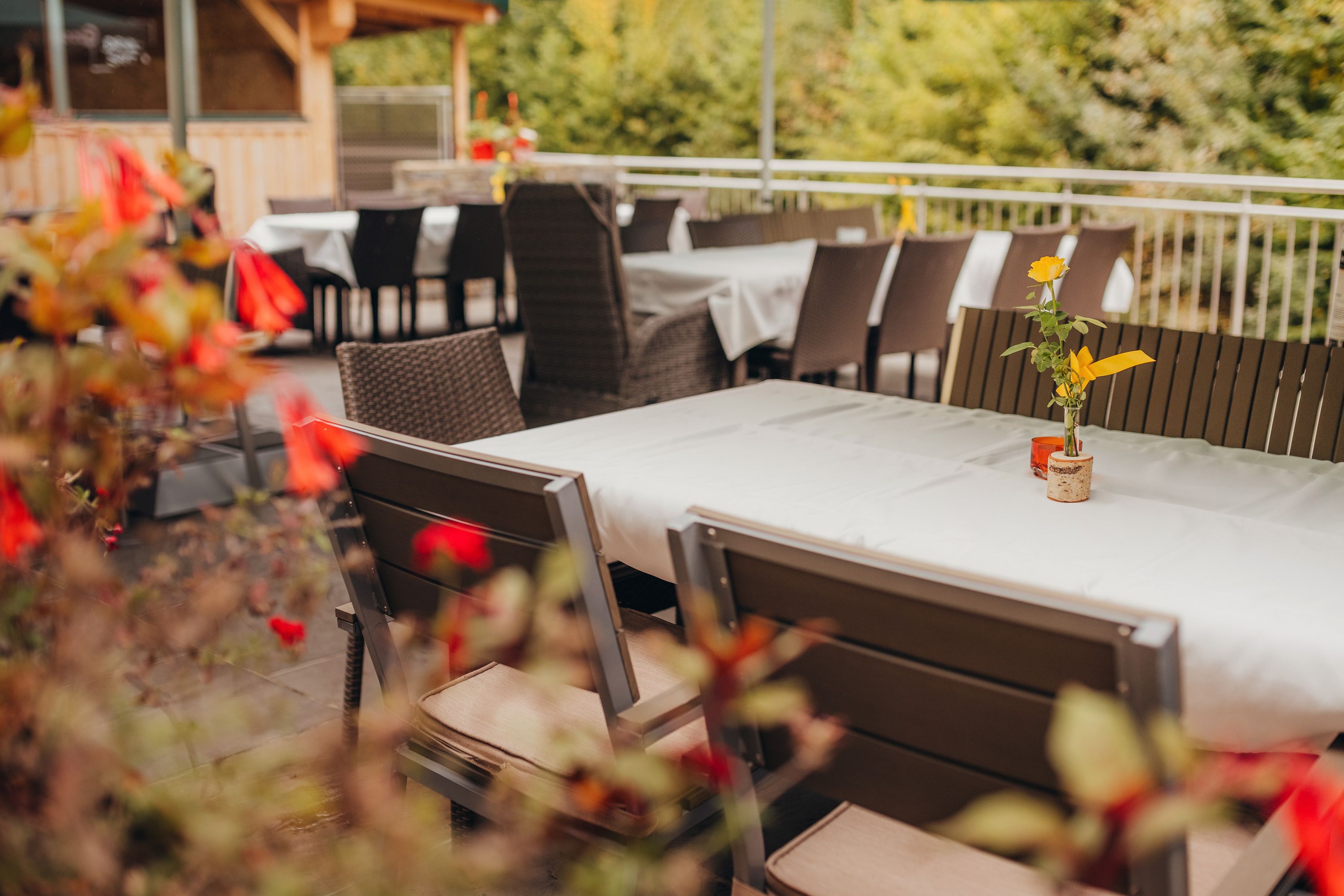 An empty guest garden with laid tables and flowers in vases.