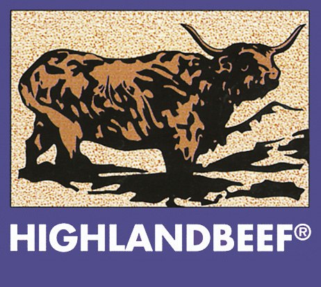 Illustration of a Highland cow with the text 'HIGHLANDBEEF'.