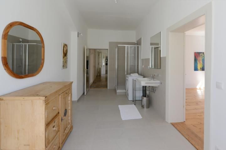 Interior view of a modern bathroom with wooden furniture and shower.