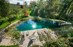 Modern wooden garden lofts with pond and plants in the foreground.