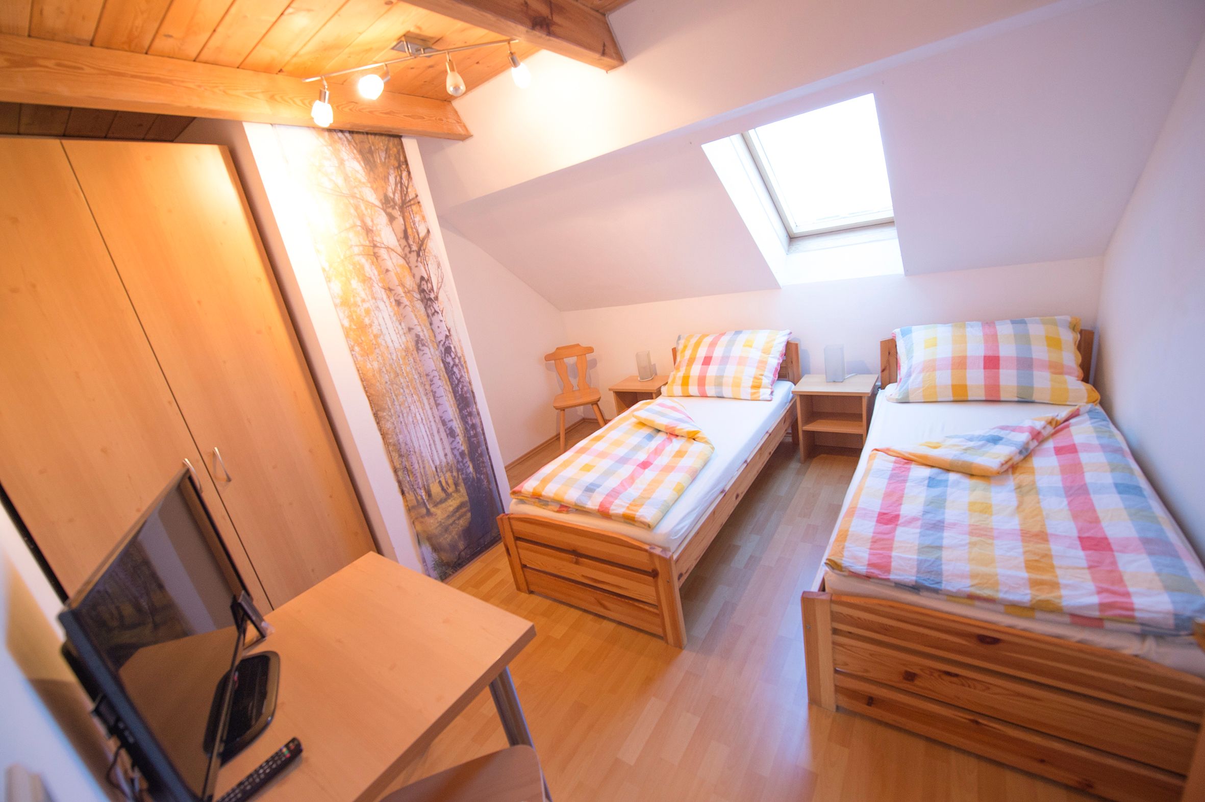 Room with two single beds. In the foreground a wardrobe with television. 