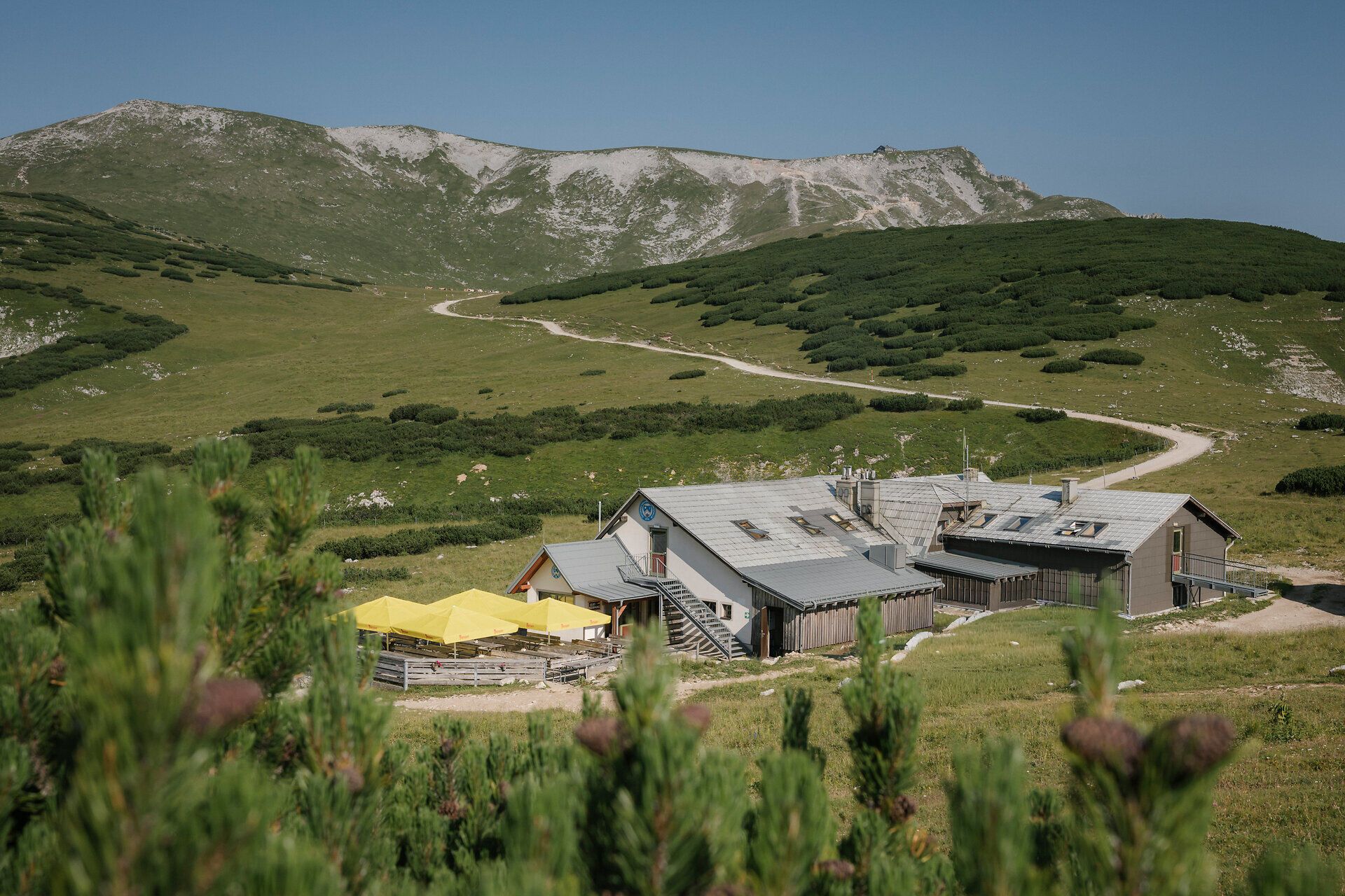 Panoramic view of the Damböckhaus on the Schneeberg and the surrounding mountain landscape