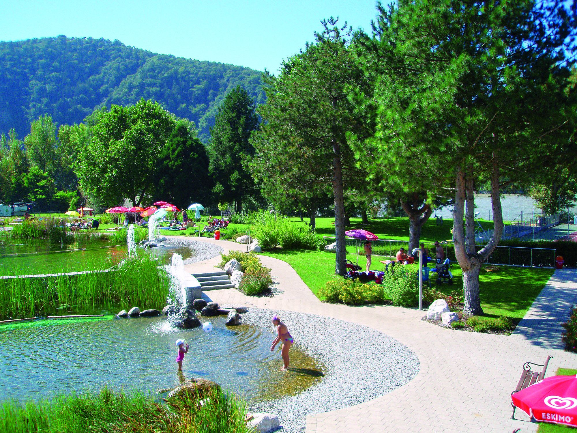 Outdoor pool with natural pond, trees and sunbathing lawn in Dürnstein.