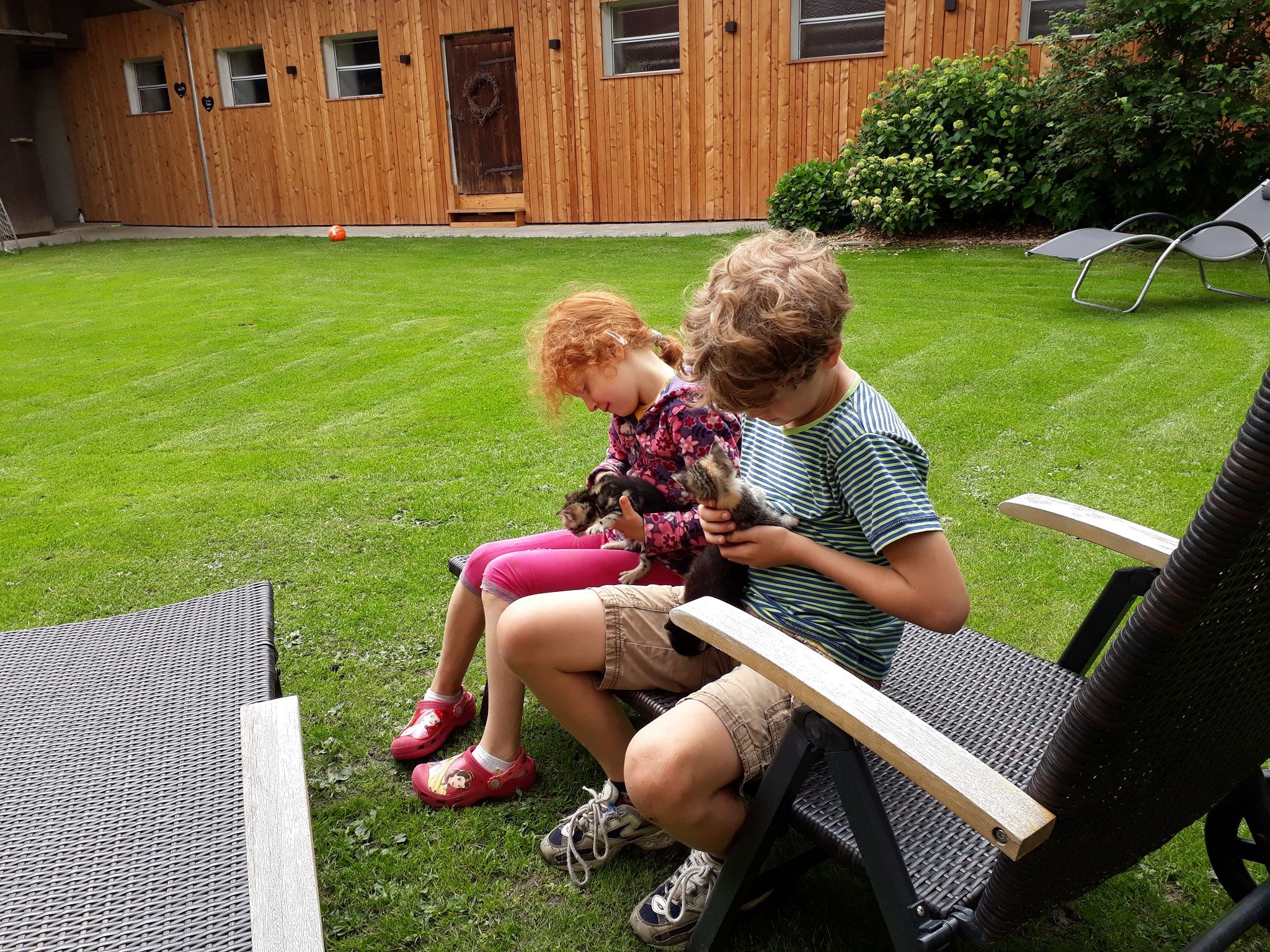 Two children are sitting on deckchairs in the garden, holding small animals in their hands.