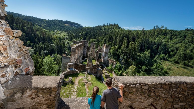 Two people look at the Kollmitz ruins from a wall, surrounded by a dense forest and blue sky.