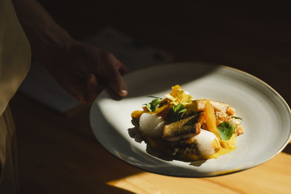 Gourmet dish with fish, risotto and pumpkin on a gray plate.