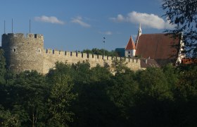 Town wall with chancellor's tower and parish church in the background, surrounded by trees.