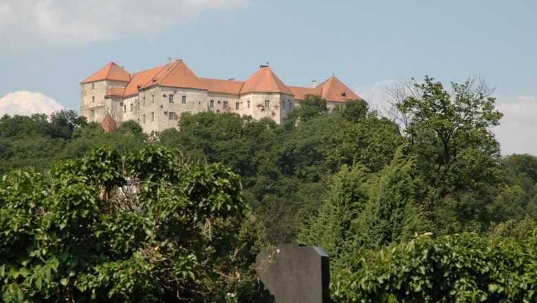 Neulengbach Castle on a wooded hill with red roofs, surrounded by trees and a blue sky.
