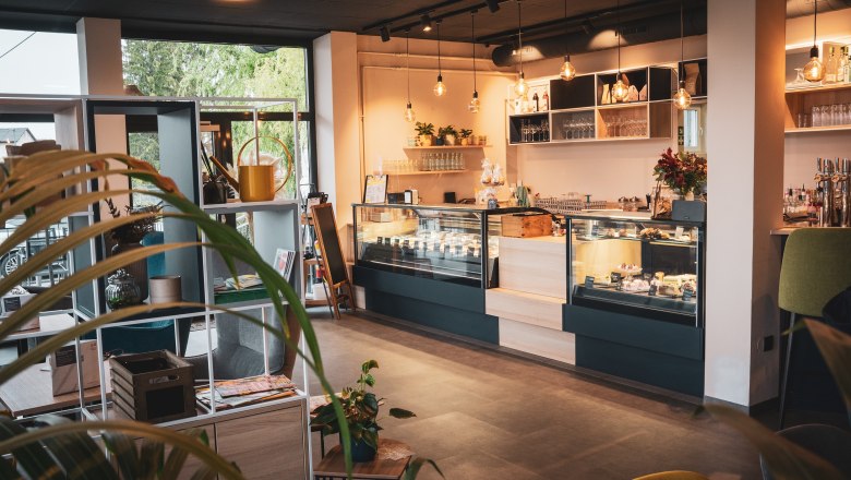 Counter of the caf&eacute; with many pastries.