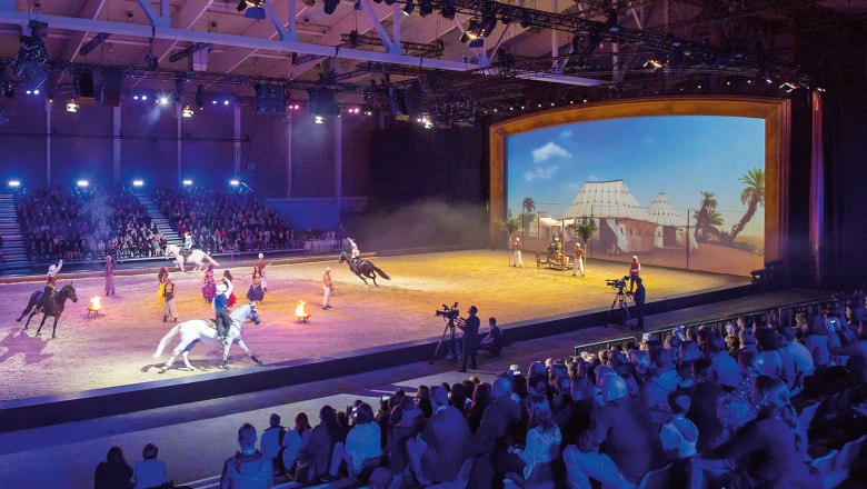 Horse show in a large hall with audience and stage design.