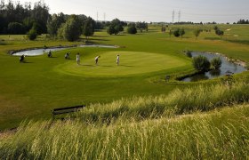 Golfers on a green golf course with a pond and trees in the background.