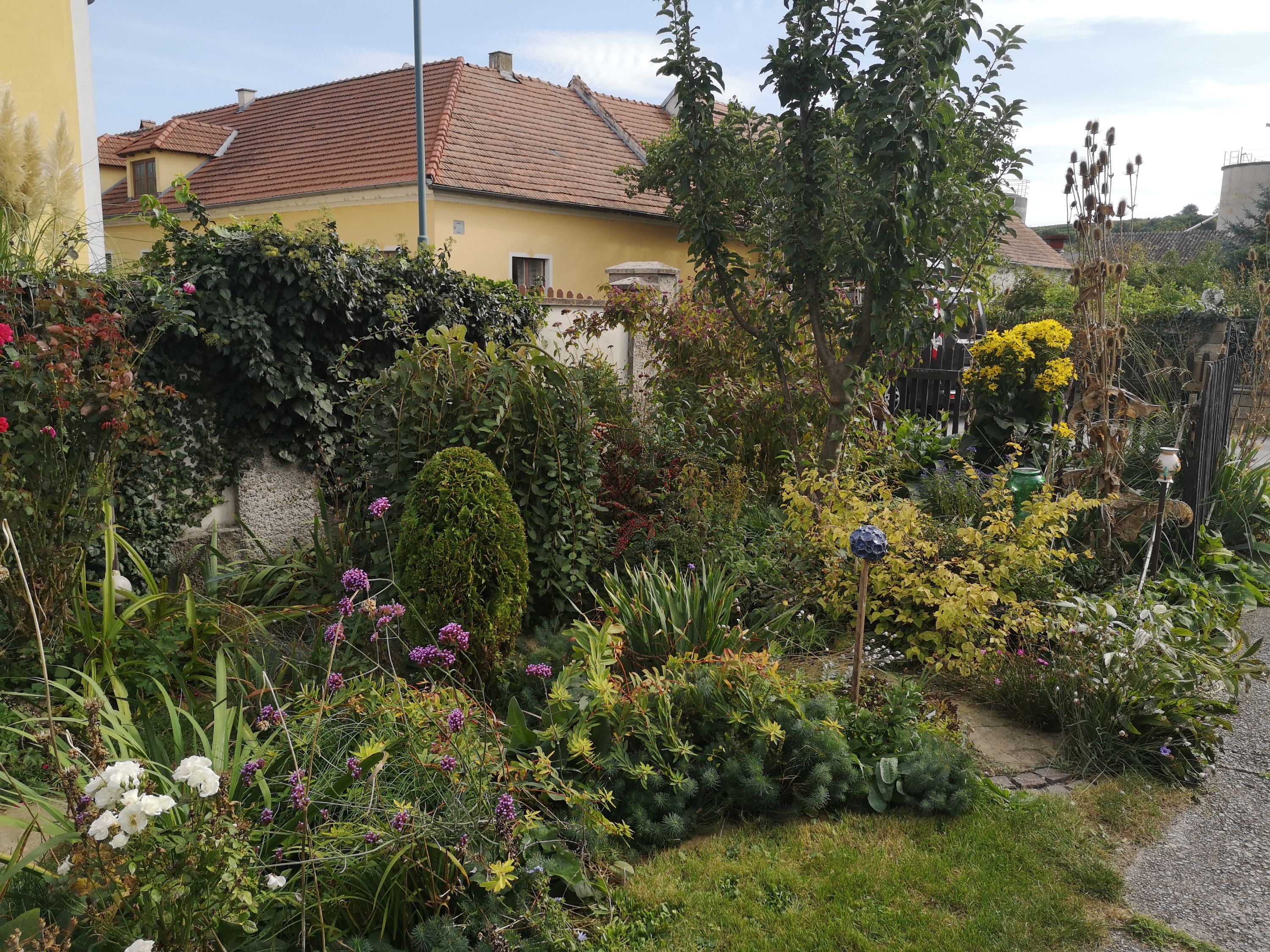 A colorful garden with various plants and flowers in front of a yellow house with a red roof.
