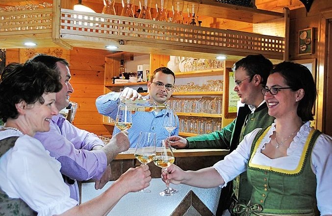 People clink glasses with drinks at a cozy bar.