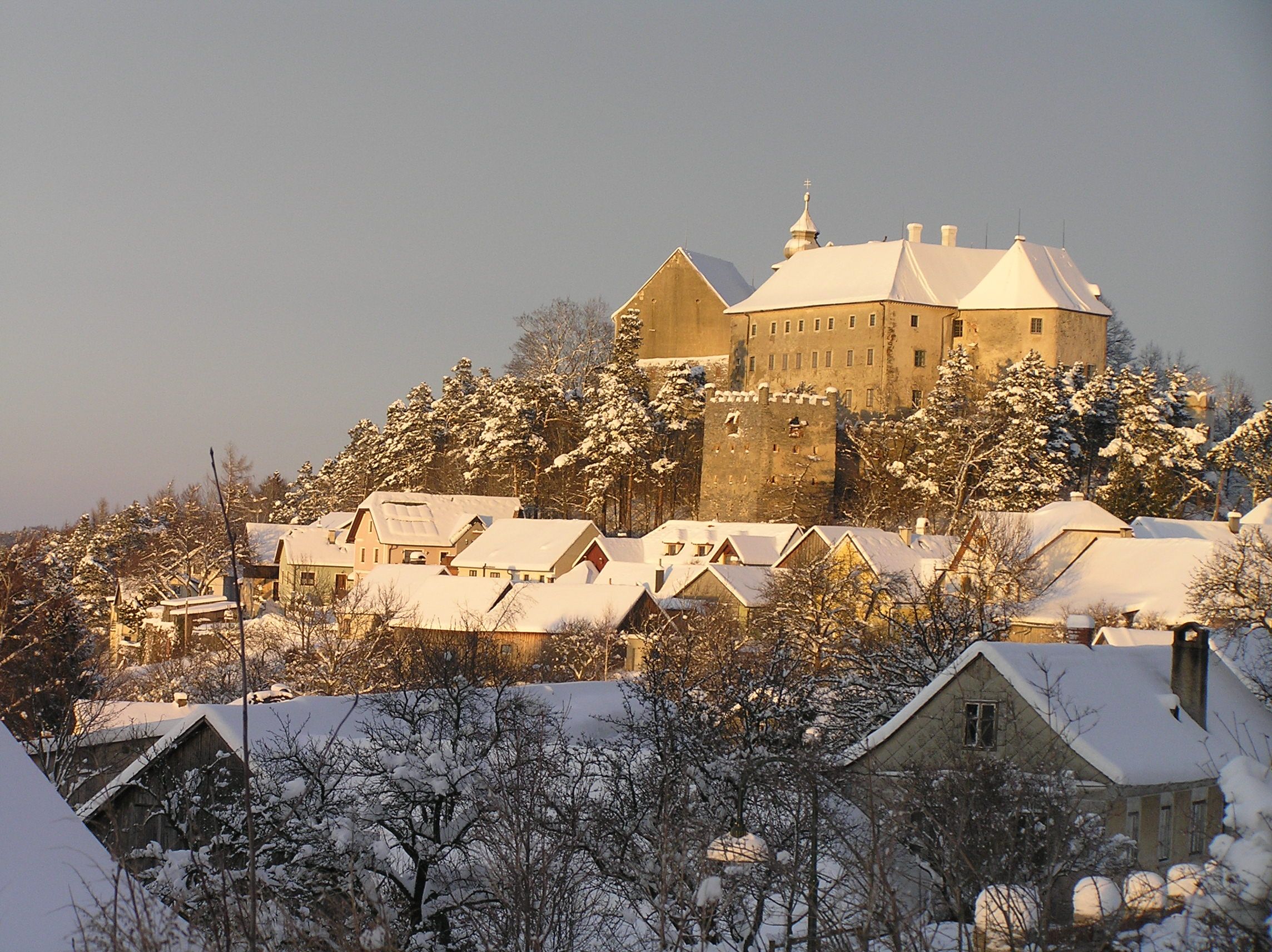 Winter landscape with castle and snow-covered houses.
